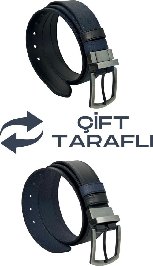 Lacivert / Siyah Çift Taraflı Suni Deri 4 cm. Genişlik Dönerli Tokalı Spor Erkek Kemer // 7110-47