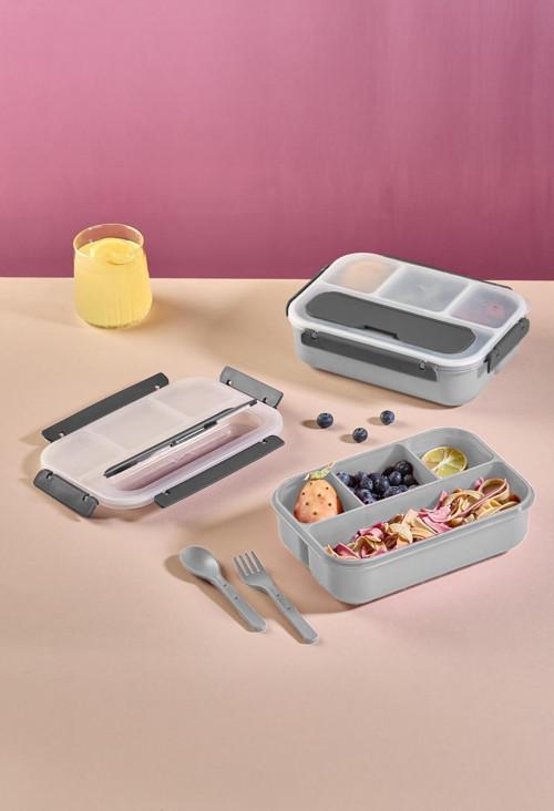 Kaşık Çatallı Lunch Box Sızdırmaz Contalı Kapaklı 4 Bölmeli Beslenme Kabı - Gri