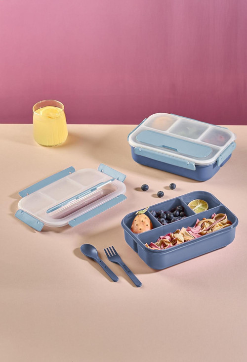 Kaşık Çatallı Lunch Box Sızdırmaz Contalı Kapaklı 4 Bölmeli Beslenme Kabı - Mavi