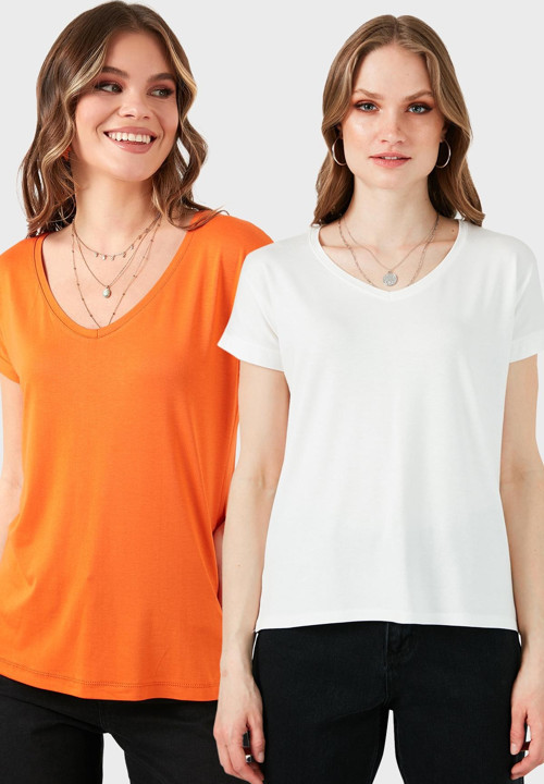 V Yaka Relaxed Fit Yırtmaç Detaylı 2'li Paket Bayan Bluz 5862000S2 Ekru-Oranj