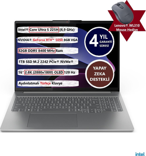 Ideapad Pro 5 16IAH10 Intel Ultra 5-225H 32GB 1tb SSD 16" OLED Rtx 5050 83JM004KTR Freedos + Mouse Taşınabilir Bilgisayar