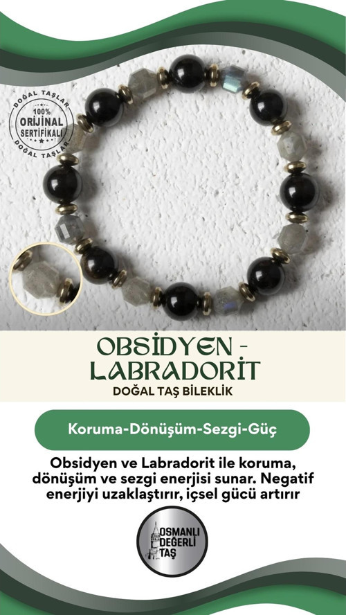 Osmanlı Değerlitaş Karanlık Işık – Sertifikalı Doğal Obsidyen Ve Labradorit Taşı Bileklik