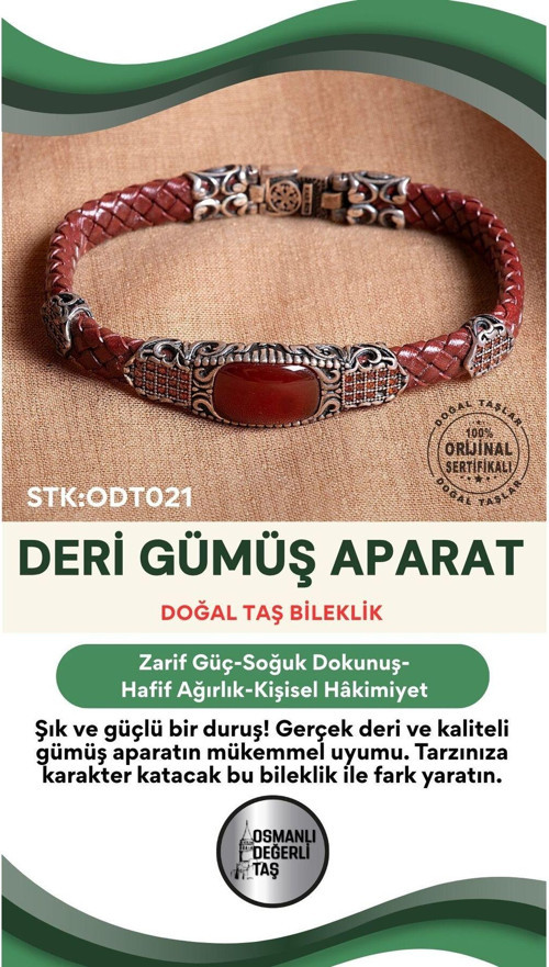 Sertifikalı Deri Gümüş Aparatlı Doğal Taş Bileklik Odt021