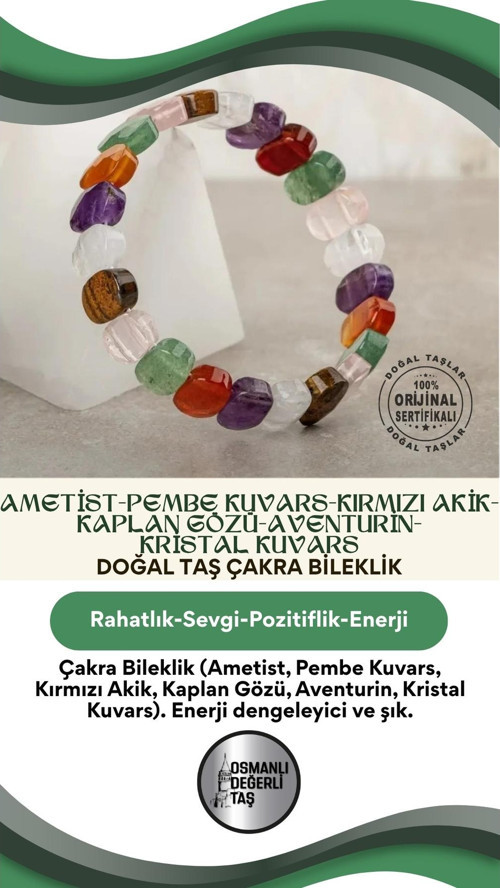 Çakra Bileklik Ametist Pembe Kuvars Kırmızı Akik Kaplan G. Aventurin Kristal Kuvars