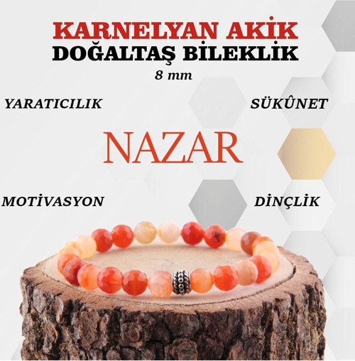 Sertifikalı Karnelyan Akik Doğaltaş Fasetli Bileklik 8 Mm, B890