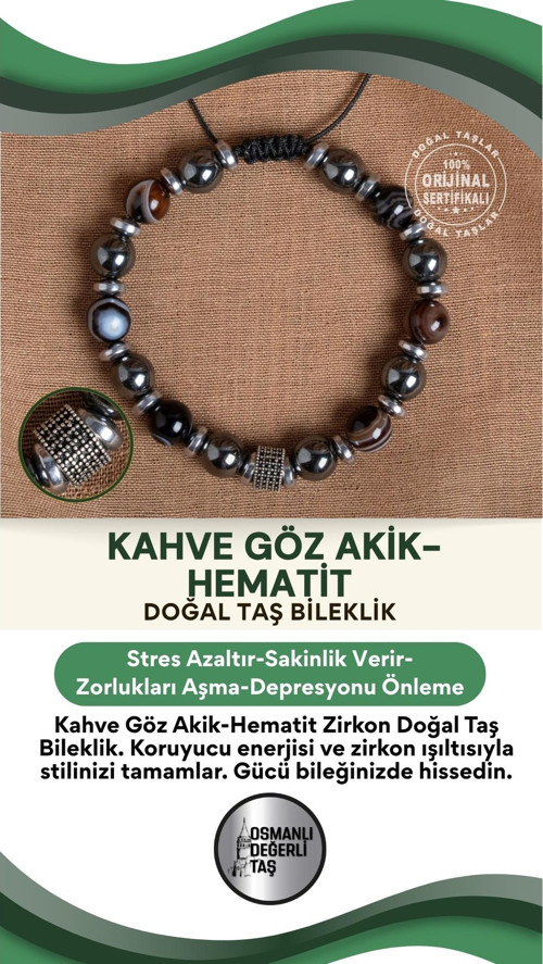 Sertifikalı Kahve Göz Akik - Hematit Zirkon Doğal Taş Bileklik