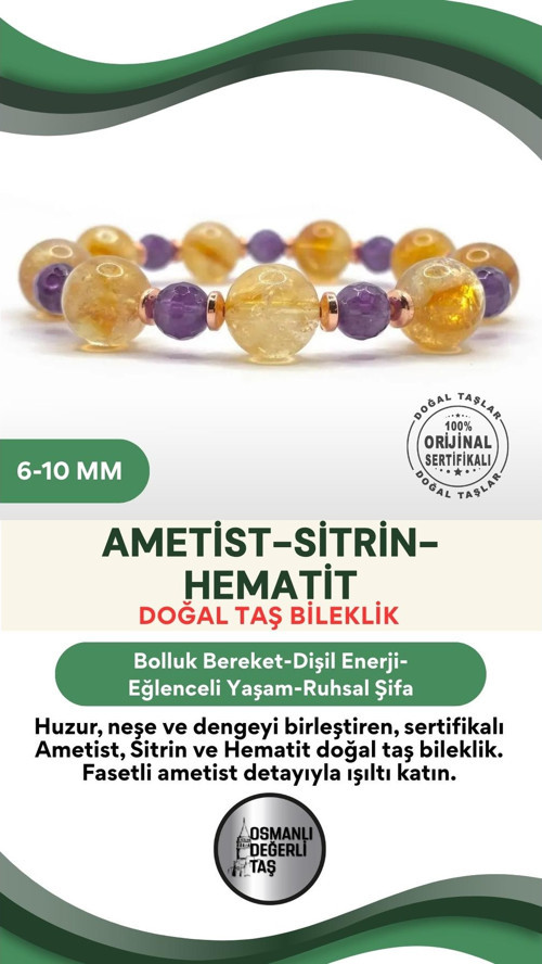 Sertifikalı Hakiki Orijinal 6Mm Fasetli Ametist - 10Mm Sitrin - Hematit Doğal Taş Misinalı Bileklik