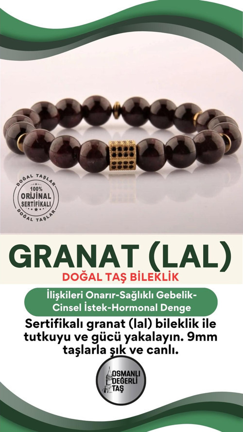 Sertifikalı Granat Lal Doğal Taş Bileklik 9Mm