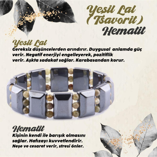 Sertifikalı Hematit - Yeşil Lal (Tsavorit) Doğal Taş Roleks Bileklik 15 Mm B757