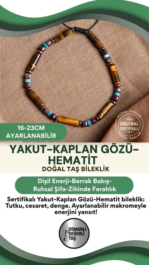 Sertifikalı Yakut Kaplan Gözü Hematit Doğal Taş Makrome Ayarlanabilir Bileklik