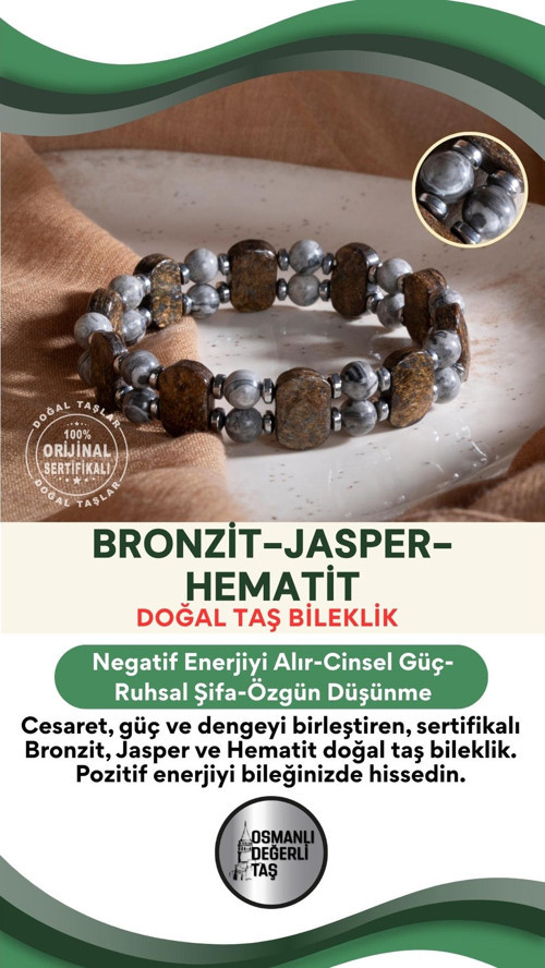 Sertifikalı Bronzit-Jasper-Hematit Doğal Taş Bileklik