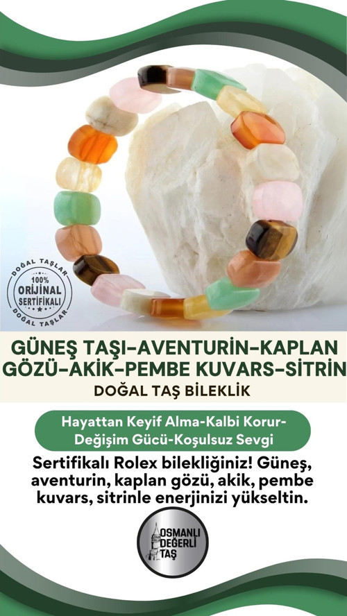 Sertifikalı Özel Tasarım Roleks Bileklik-Güneş Taşı-Aventurin-K.Gözü-Akik-P.Kuvars-Sitrin