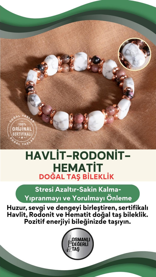 Sertifikalı Havlit-Rodonit-Hematit Doğal Taş Bileklik