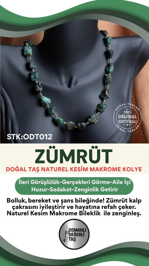Sertifikalı Doğal Taş Zümrüt Naturel Kesim Makrome Kolye Odt012
