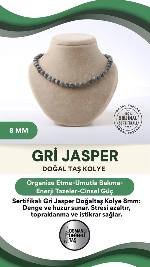 Sertifikalı Gri Jasper Doğaltaş Kolye 8 Mm, M517