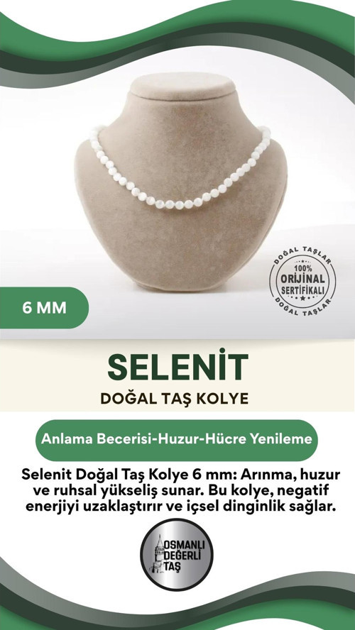 Sertifikalı Selenit Doğaltaş Kolye 6 Mm, M591