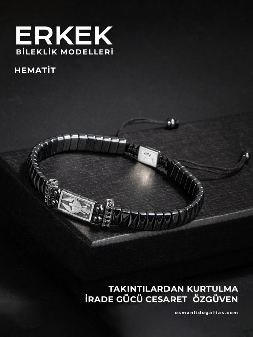 Sertifikalı Hematit Doğal Taşlı Örgü 925 Ayar Gümüş Tasarım Bileklik (Miğfer Sembollü)