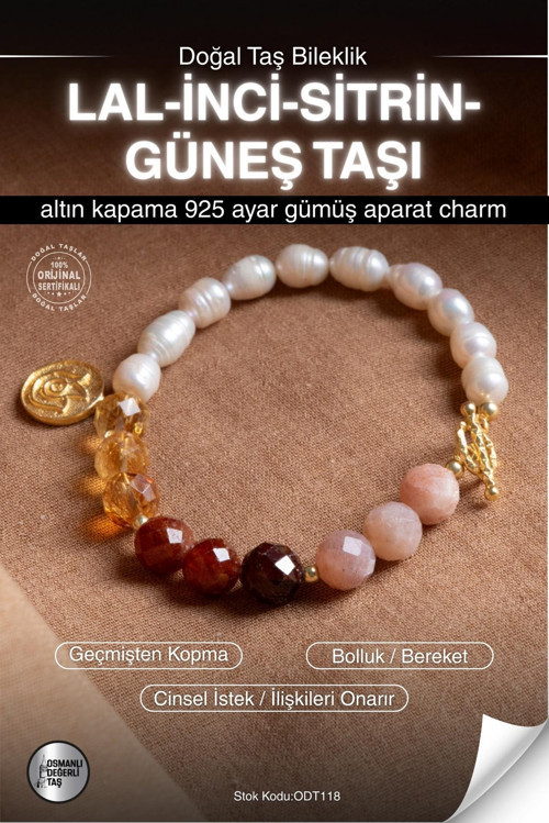 Sertifikalı Lal-İnci-Sitrin-Güneş Taşı Doğal Taş Solar Çakra Altın Kaplama Charm Bileklik Odt118