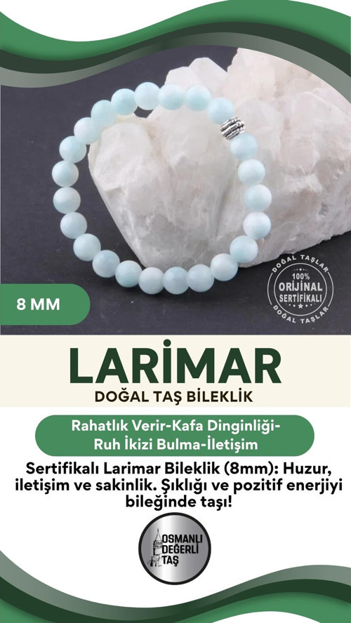 Sertifikalı Larimar Doğal Taş Bileklik 8 Mm B880