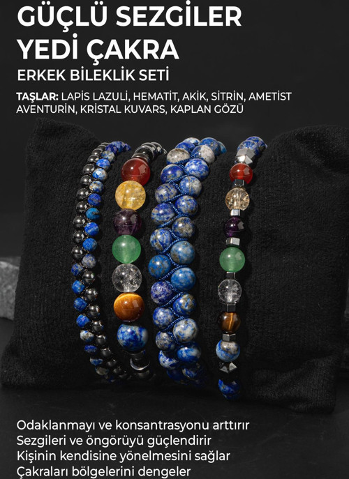 Güçlü Sezgiler & Yedi Çakra Bileklik Seti Lapis, Akik, Sitrin, Kaplan Gözü Sertifikalı Doğal Taşlı
