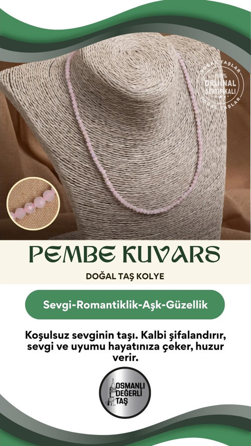 Sertifikalı Pembe Kuvars Doğal Taş Kolye