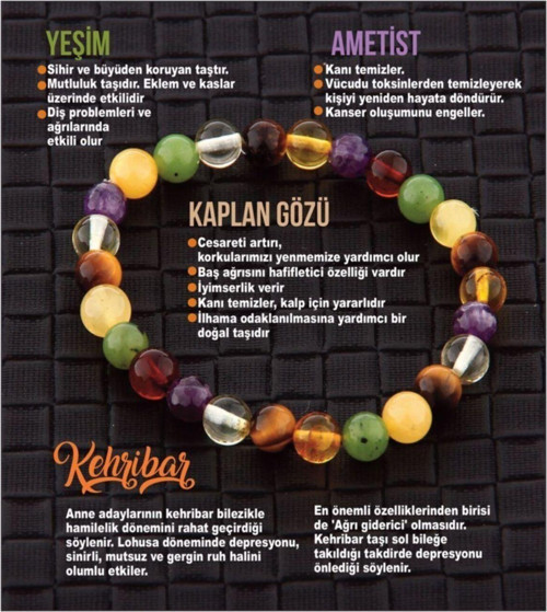 Sertifikalı Doğal Taş Bileklik - 6Mm Kaplan Gözü,Kehribar,Yeşim,Ametist