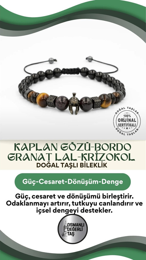 Kaplan Gözü-Bordo Granat Lal-Krizokol Doğal Taş Erkek Zirkon Bileklik