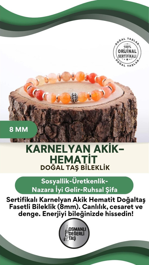 Sertifikalı Karnelyan Akik Hematit Doğaltaş Fasetli Bileklik 8 Mm, B891