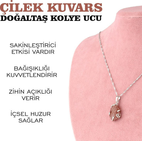 Sertifikalı Çilek Kuvars Doğaltaş Kolye Ucu, Gümüş Zincirle Beraber M444