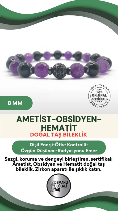Sertifikalı Hakiki Orijinal 8Mm Ametist-Obsidyen–Hematit-Zirkon Aparatlı Doğal Taş Misinalı Bileklik