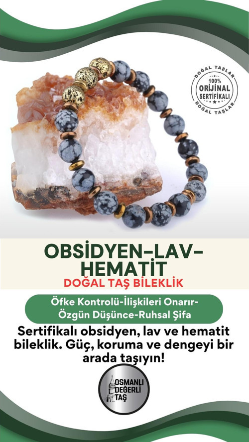 Sertifikalı Doğal Taş Bileklik - Obsidyen,Lav,Hematit