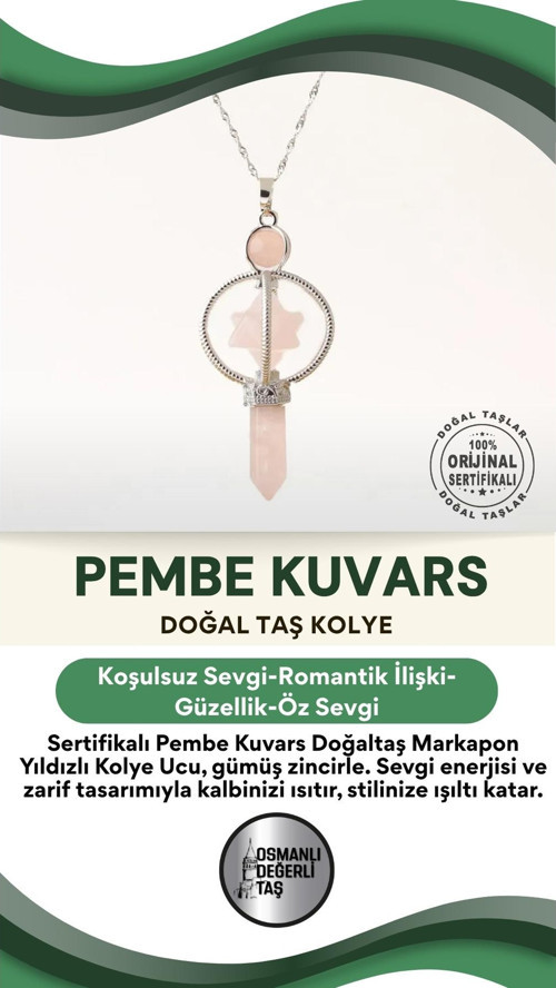 Sertifikalı Pembe Kuvars Doğaltaş Markapon Yıldızlı Kolye Ucu, Gümüş Zincirle Birlikte Ku004