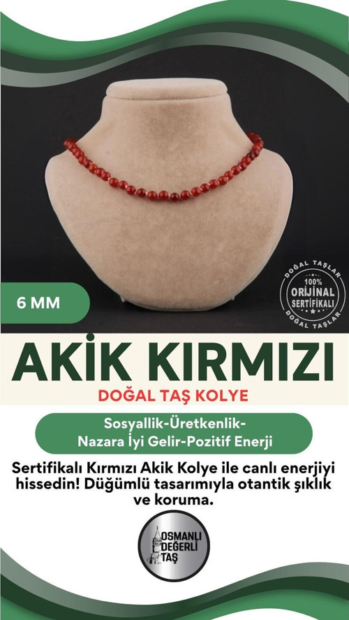 Sertifikalı Akik Kırmızı 6Mm Düğümlü Kolye