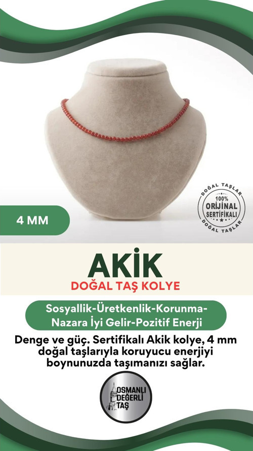 Sertifikalı Akik Doğaltaş Kolye 4 Mm, M500