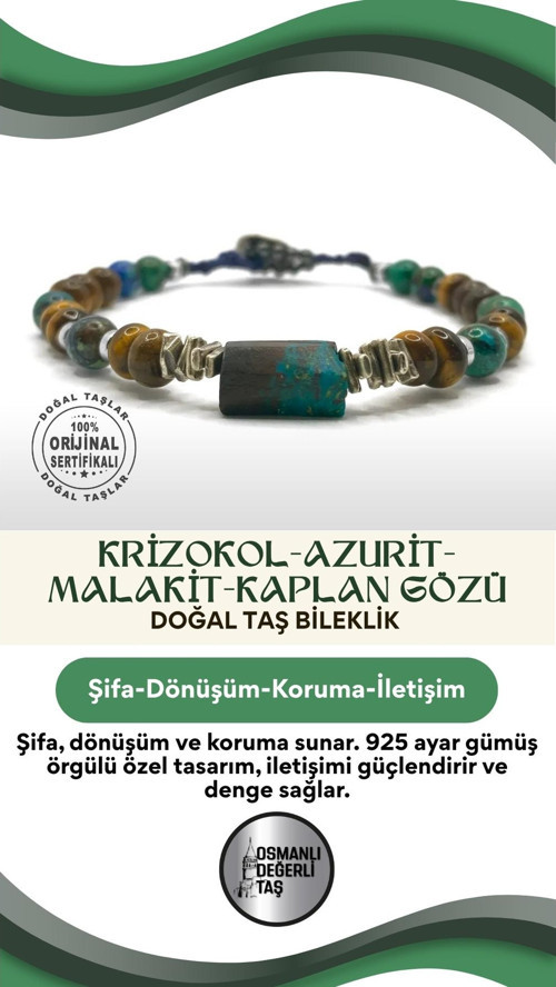 Sertifikalı Krizokol Azurit Malakit Kaplan Gözü Doğal Taşlı Örgü 925 Ayar Gümüş Tasarım Bileklik