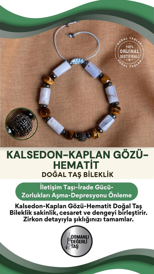 Sertifikalı Kalsedon - Kaplan Gözü - Hematit Doğal Taş Zirkon Aparatlı Bileklik