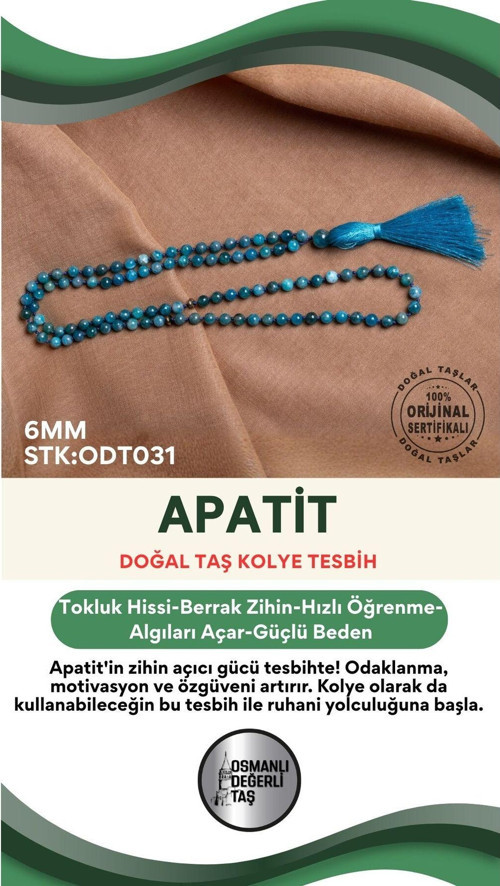 Sertifikalı Apatit Doğal Taş 6Mm Kolye Tesbih Odt031