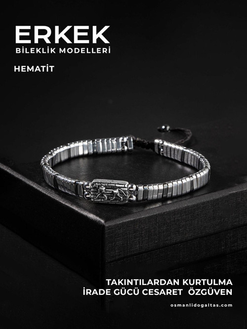 Sertifikalı Hematit Doğal Taşlı Örgü 925 Ayar Gümüş Tasarım Bileklik (Aslan Sembollü)