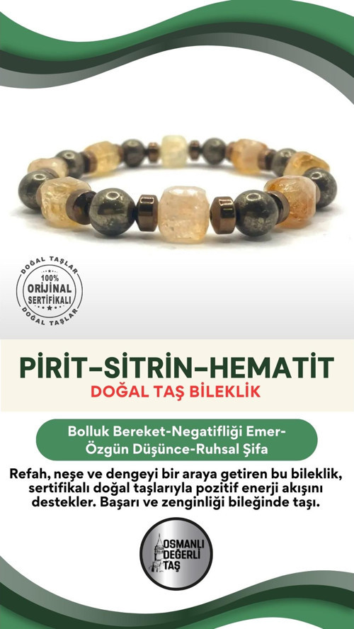 Sertifikalı Hakiki Orijinal 8Mm Pirit - Sitrin - Hematit Doğal Taş Misinalı Bileklik