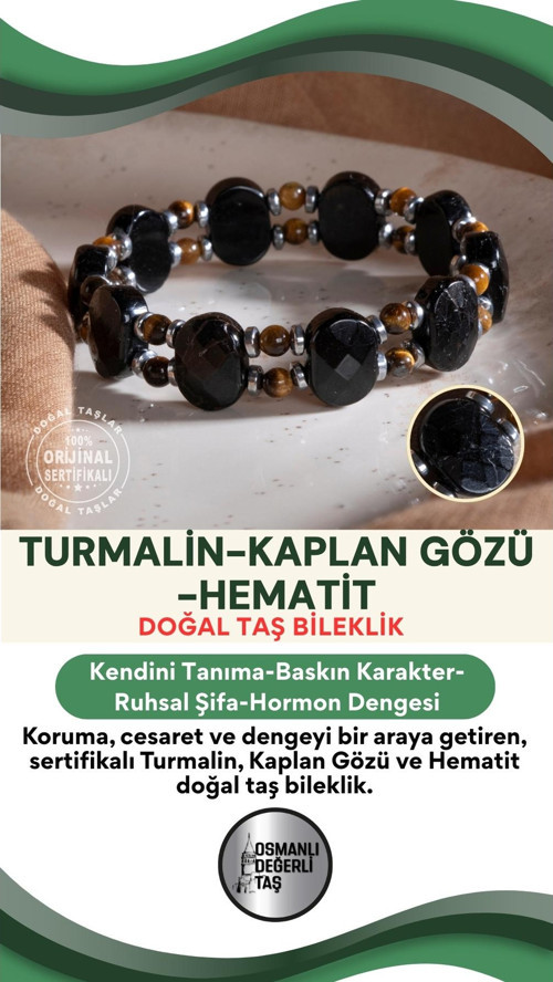 Sertifikalı Turmalin-Kaplan Gözü-Hematit Doğal Taş Bileklik