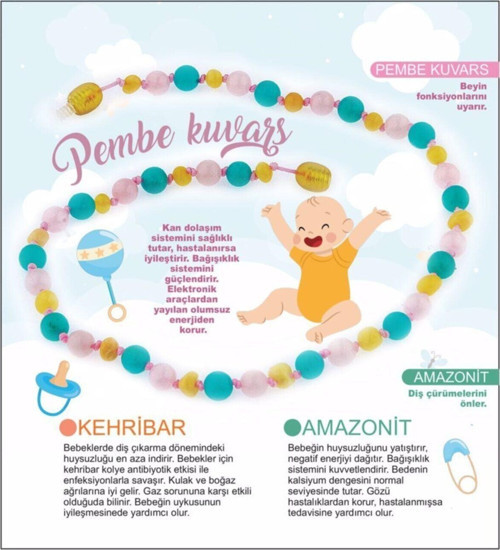 Sertifikalı Doğal Taş Bebek Kolye - Pembe Kuvars,Kehribar,Amazonit