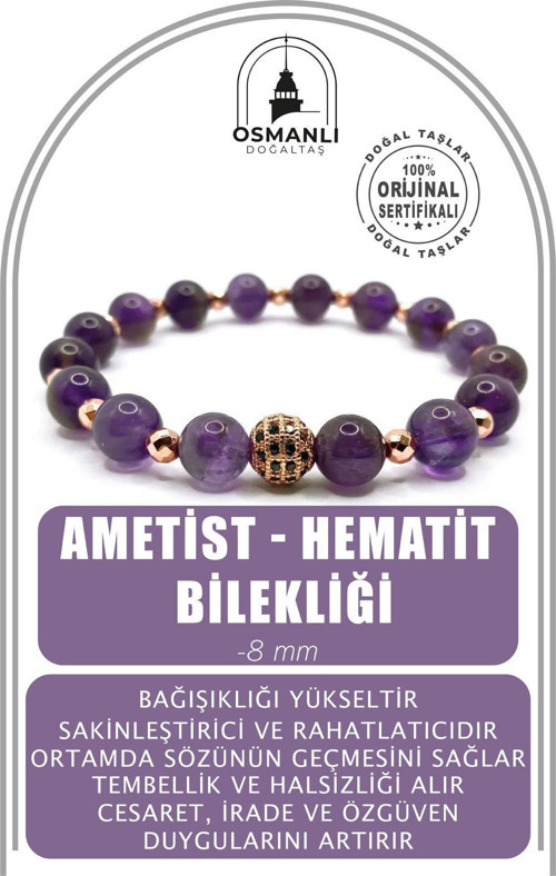 Sertifikalı Hakiki Orijinal 8Mm Ametist - Hematit Doğal Taş Zirkon Aparatlı Misinalı Bileklik