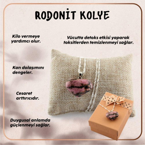 Sertifikalı Rodonit Kalpli Kolye Ucu (Gümüş Zincir Hediye)