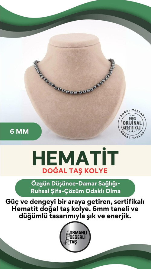 Sertifikalı Hematit 6Mm Düğümlü Kolye
