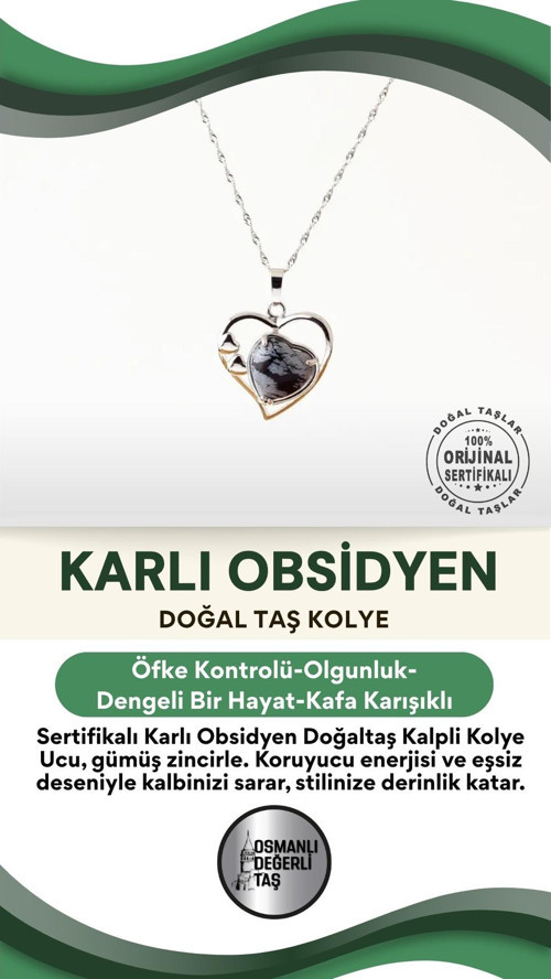 Sertifikalı Karlı Obsidyen Doğaltaş Kalpli Kolye Ucu, Gümüş Zincirle Birlikte Ku032