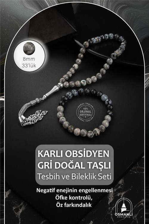 Sertifikalı Karlı Obsidyen, Gri Doğal Taşlı 33'Lük Tesbih Ve Bileklik Takım