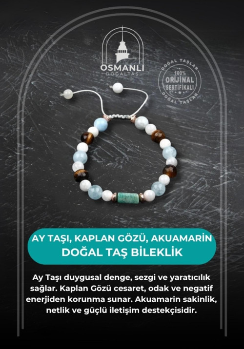 Sertifikalı Aquamarin, Doğal Taş Bileklik - Ay Taşı-Kaplan Gözü-Akuamarin