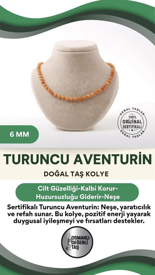 Sertifikalı Turuncu Aventurin Doğaltaş Kolye 6 Mm, M598