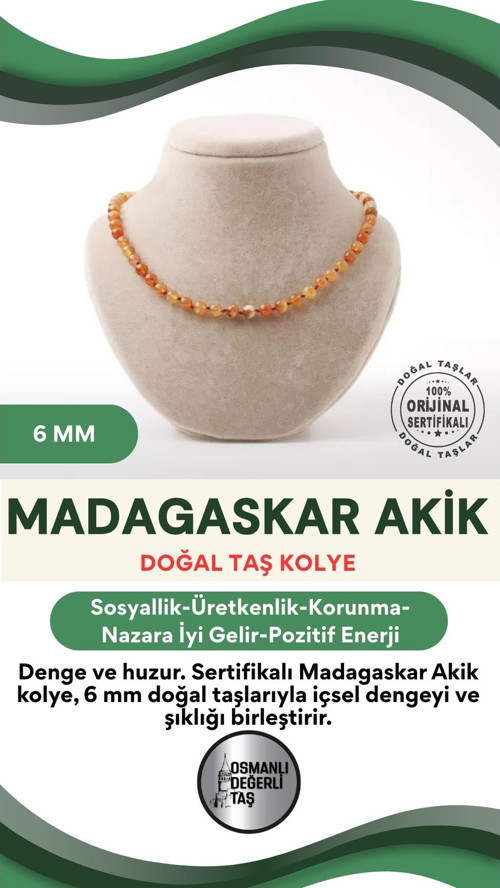 Sertifikalı Madagaskar Akik Doğaltaş Kolye 6 Mm, M579