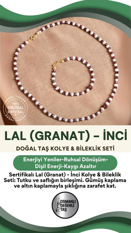 Sertifikalı Lal(Granat )-İnci Doğal Taş Gümüş Kapama Altın Kaplama Kolye(45Cm) &Bileklik(18Cm) Seti
